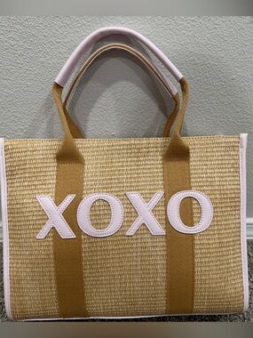 XOXO Straw Tote with Pink Trim and Tan Straps
